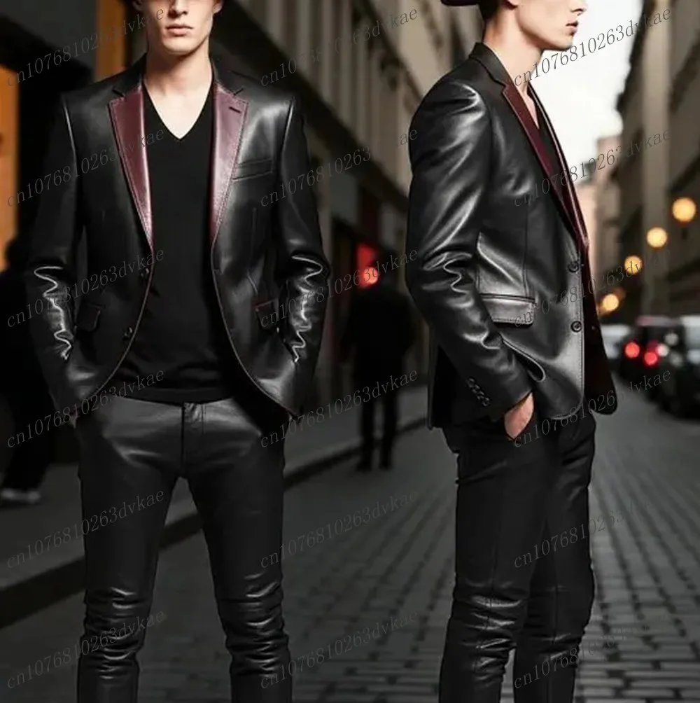 بدلة رجالية من الساتان باللون العنابي والأسود لحفلات الزفاف الرسمية والعريس وحفلات التخرج التجارية للرجال مكونة من قطعتين سترة وسراويل #1