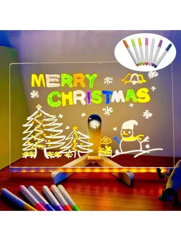 Planche à dessin lumineuse transparente en acrylique, planche magique LED pour mémo effaçable, jouets de bricolage pour enfants, avec stylo marqueur de 7 couleurs et support