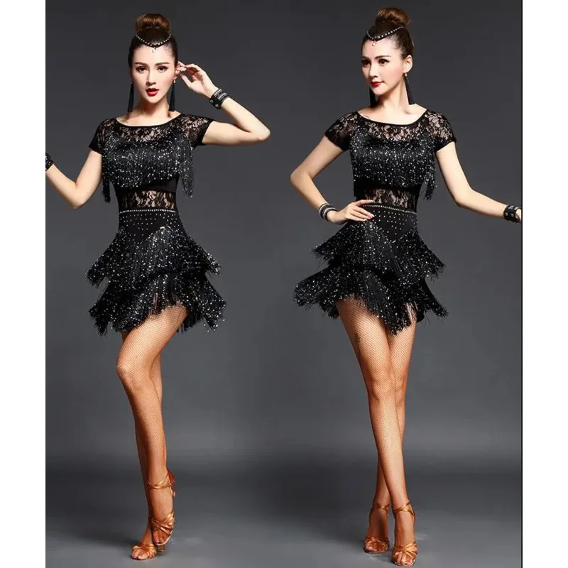 

2021 New Girls Kids adult Modern Ballroom Latin Dance Dress tassel Fringe Salsa Tango Dance Wear Black Performance Stage Wear