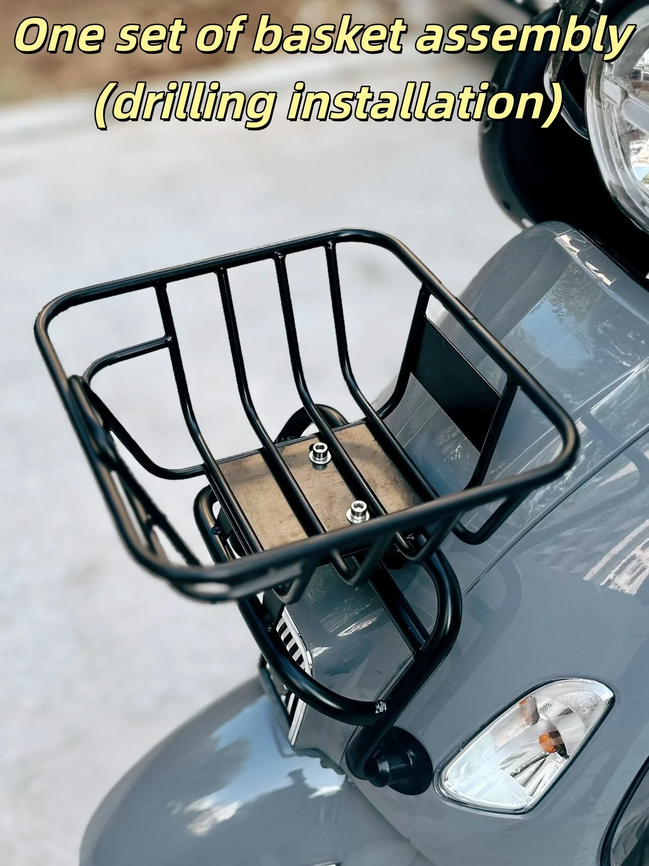 For SYM Fiddle; front rack modification for storage basket (requires drilling for installation).