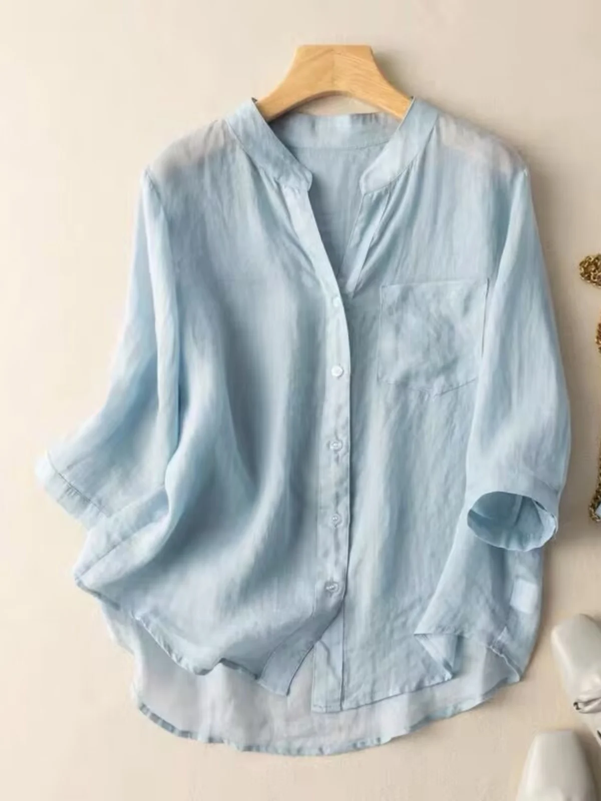 

Loose Cotton Linen Shirt Women's Artistic Vintage Summer New Style Seven Sleeve Tops Daily Commute Style Body Type