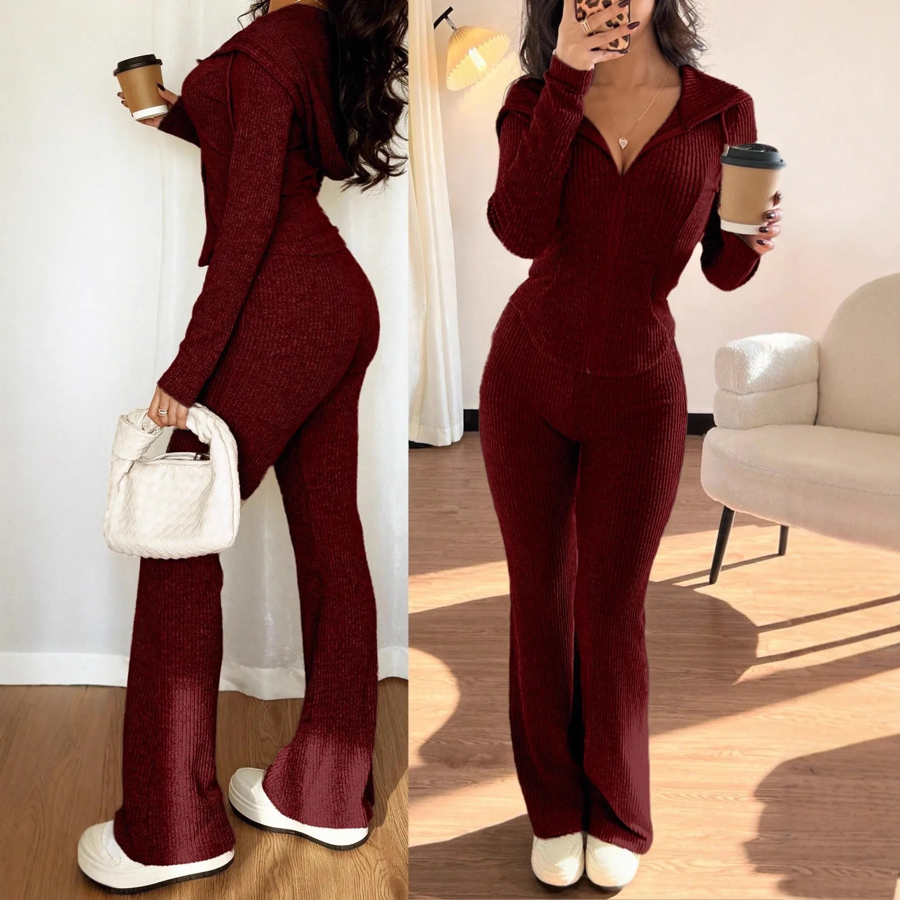 المرأة مريحة زيبر عارضة مجموعة سليم صالح السراويل الطويلة الخريف الشتاء Faion مجموعة Ele Sle نمط اللون النقي #1