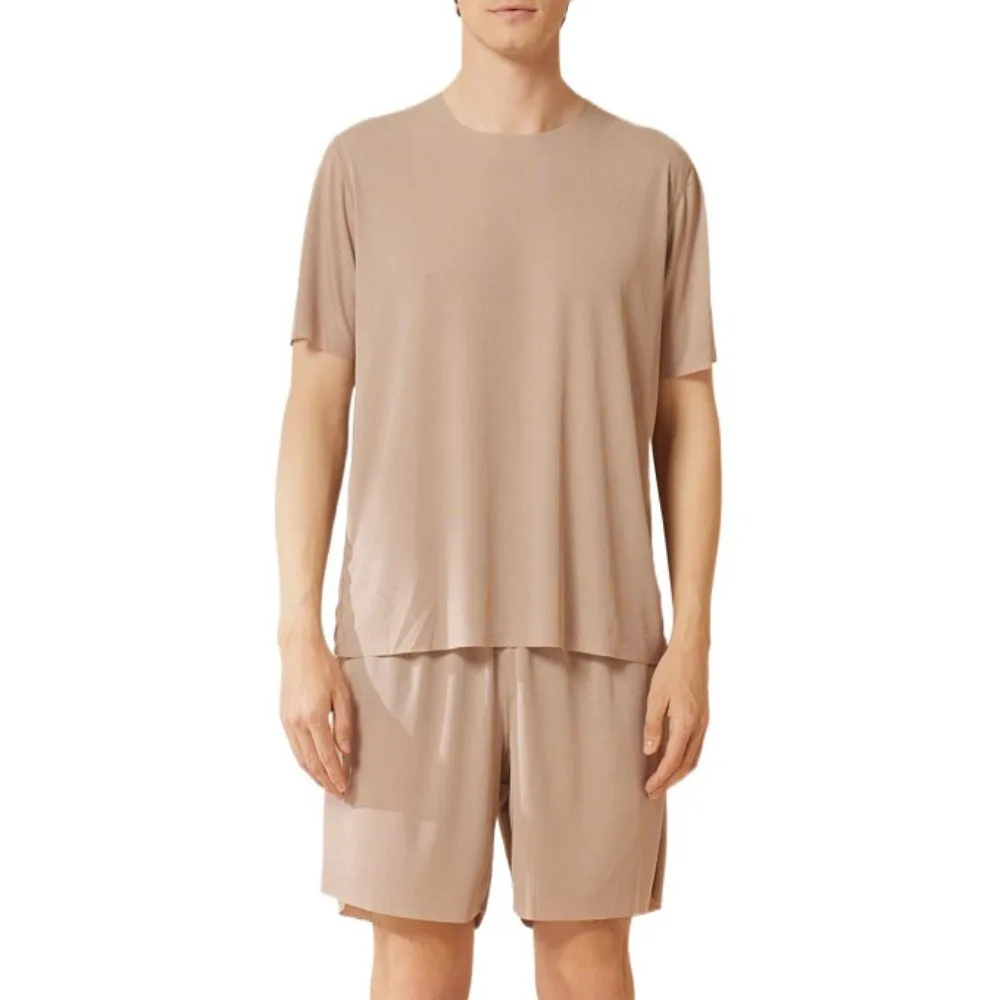 

O-neck Seamless Short Sleeve Sleepwear Suit Loose Ice Silk Men Summer Pajamas Home Wear Simple 2Piece Nightwear Set Summer