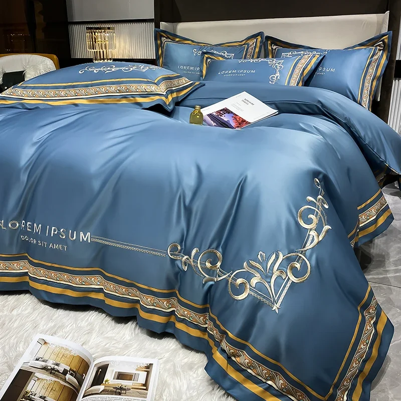 

Bedding Set Luxury Superior Gold Royal Embroidery Bed Comforter Sets Duvet Cover Bed Sheets and Pillowcases Summer Silky Bed Set