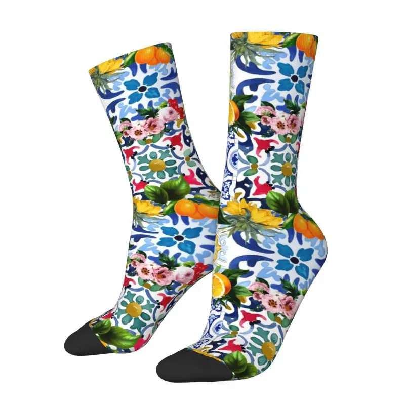 Custom Kawaii Mediterranean Style Lemons Citrus Sicilian Tiles Socks Women Men Warm 3D Printing Sports Football Socks