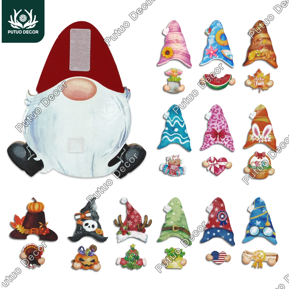 Putuo Decor 1pc Gnome Shaped Interchangeable Wooden Table Decor with 12 Sets of Changeable Velcro Icons,Gifts for Christmas