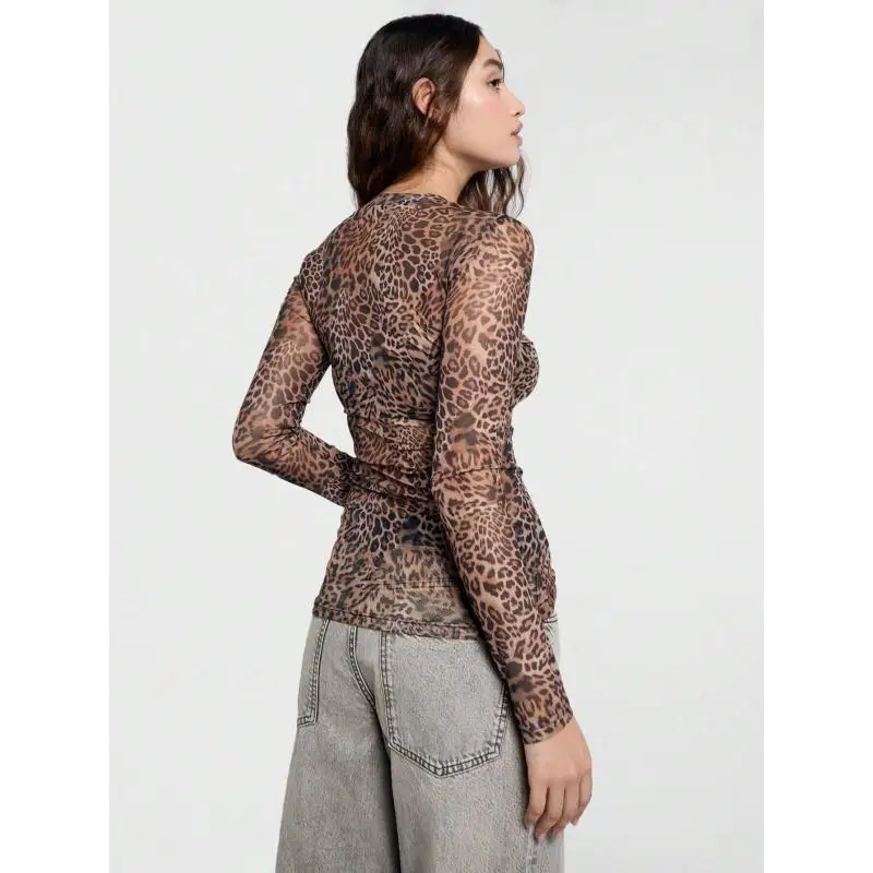 Women Leopard Print Mesh Long Sleeve Top Crew Neck Slim Fit Sheer Ruched Y2K Casual Basic Tee Shirts