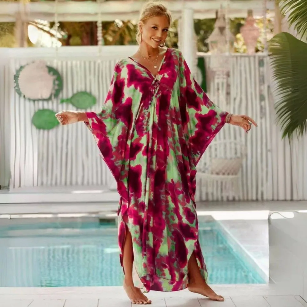 Casual Boho Bikini Cover-ups Leaves Print Open Front Loose Maxi Dress Oversized Long Dress Beachwear For Women