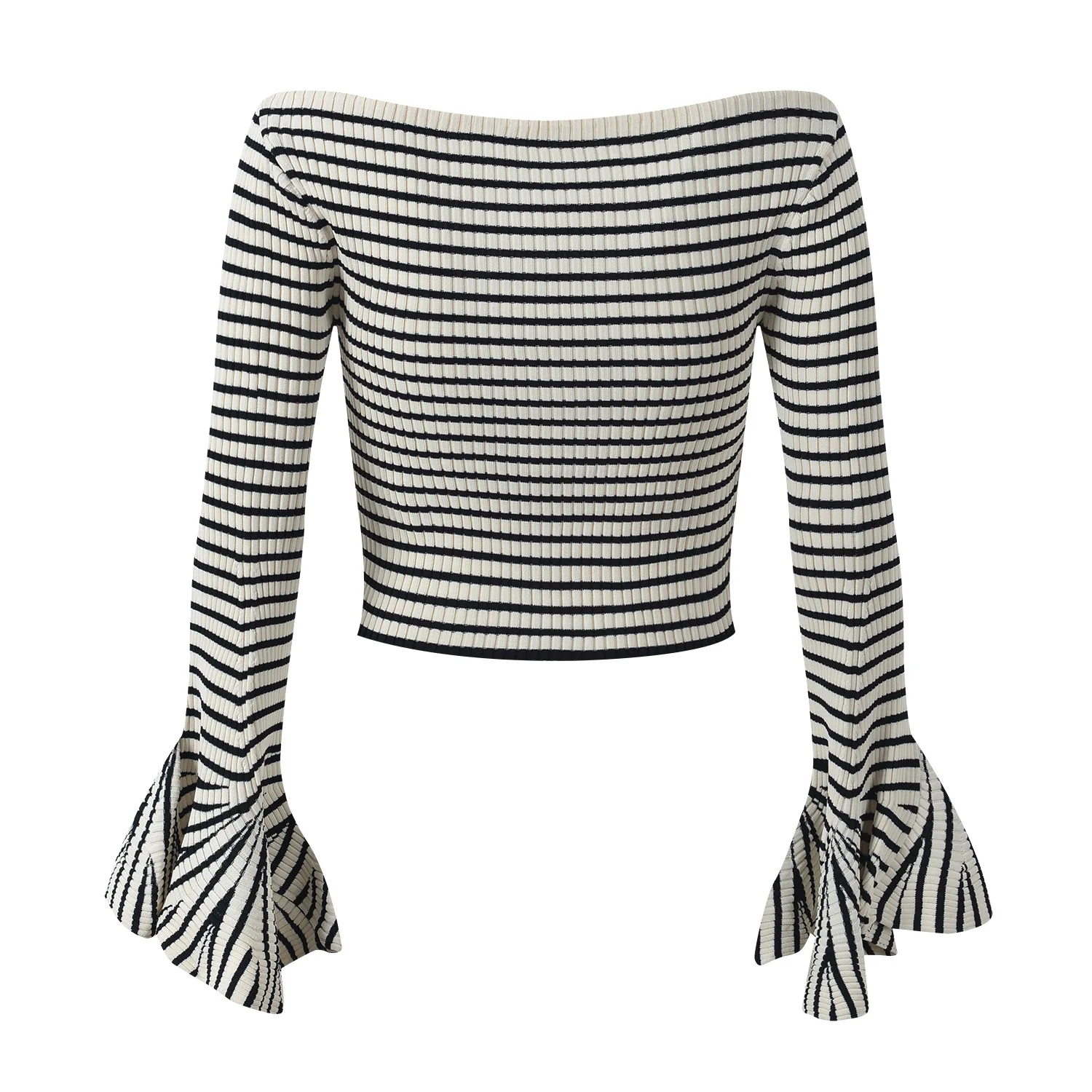 เสื้อถักไหมพรมสไตล์ยุโรประดับไฮเอนด์ ดีไซน์เปิดไหล่ข้างเดียว ลายทางสีขาวดำ แขนทรงกระดิ่ง ช่วงเอวไม่สมมาตร สำหรับผู้หญิง...