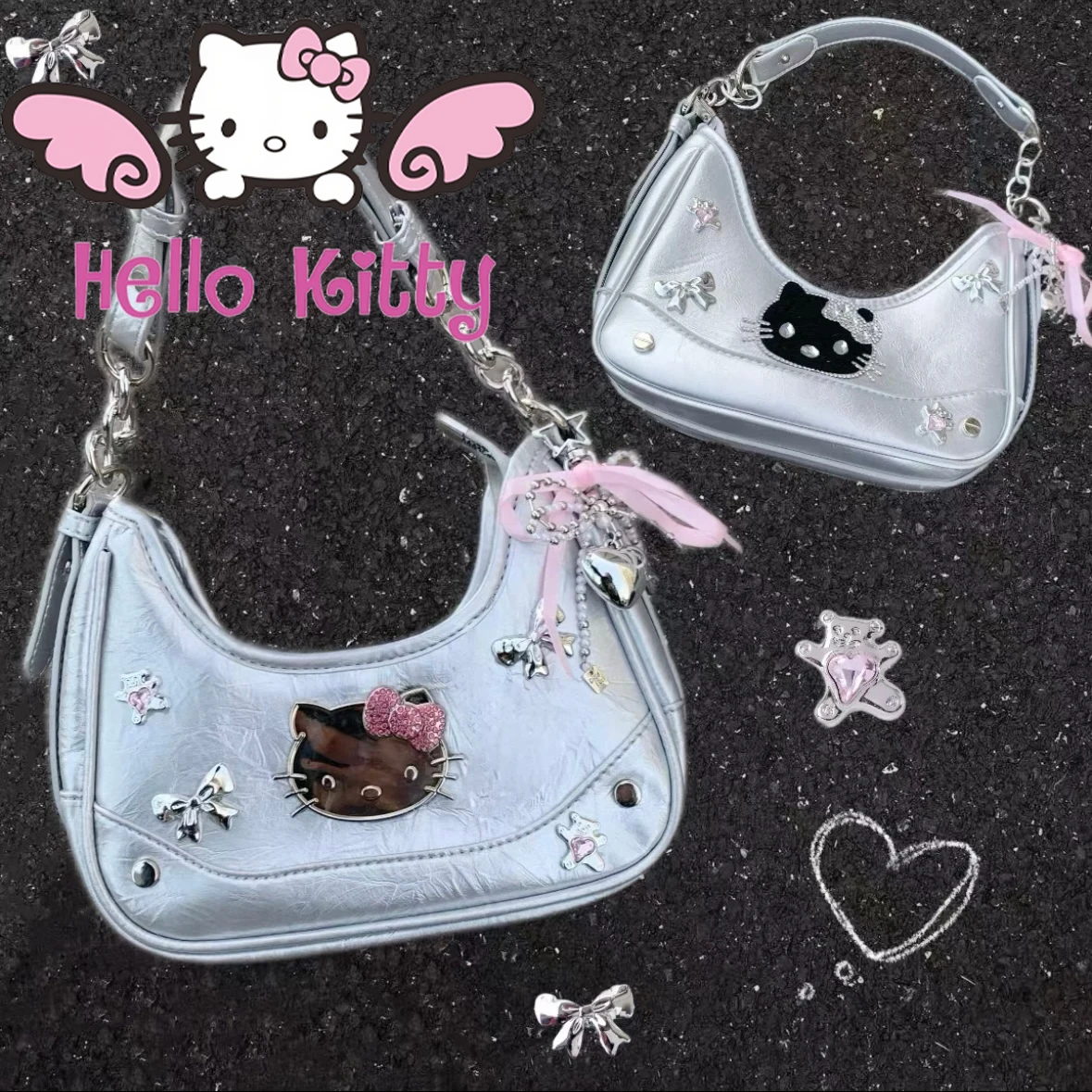 

Sanrio Hello kitty Y2K Spicy Girl Shoulder Bag fashion high-quality Niche handbag bow diamond decoration Girl bag gift kawaii