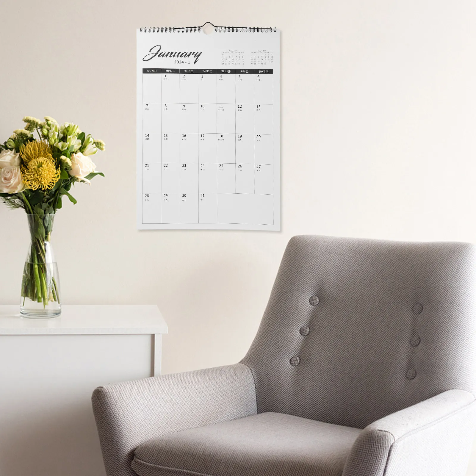 Monthly Wall Calendar Clear Print Holiday Planner Daily Organizer for Home Office Simple Hanging Design