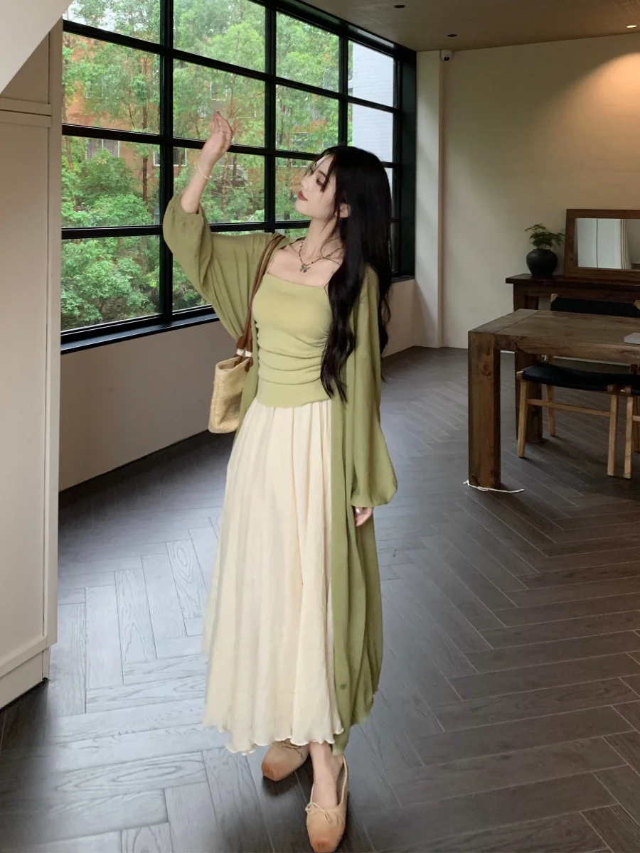 Pure Desire Long Sve Drapey Open Cardigan Women's Summer Strap Vest Elastic Waist Midi Skirt Tee Piece Set Women