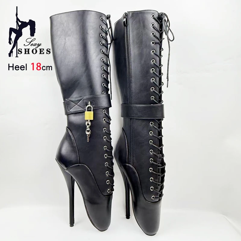 

2025 Matte Leather Knee High Boots Black Side Zipper Lace-up Women Shoes 18CM/7Inch Lockable Padlocks Fetish Sexy Ballet Boots