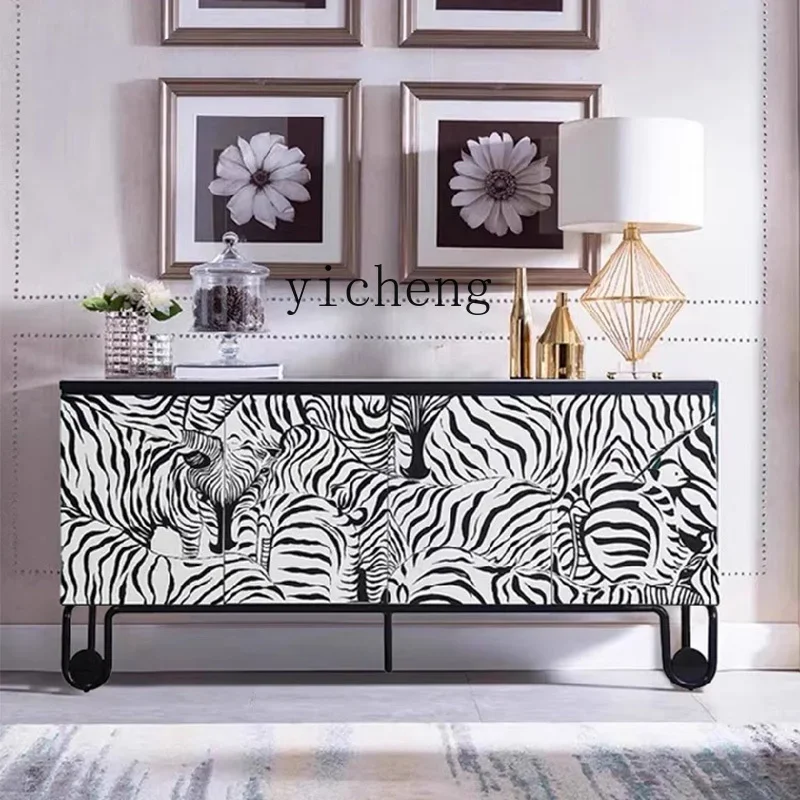 ZK Light Luxury Sideboard Cabinet Modern Living Room Hand Painted Zebra Pattern Home Decoration Shoe Cabinet Hallway Cabinet