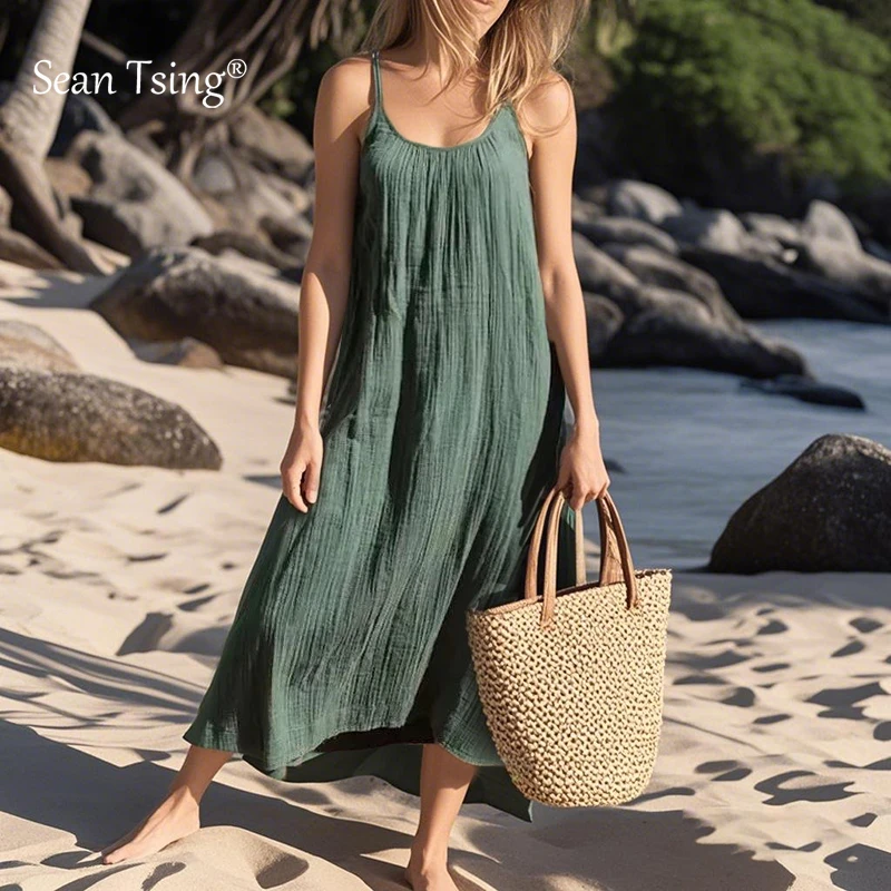 Vestido de verão feminino vintage macio tecido crepe de dupla camada 100% algodão verde azul simples básico versátil vestido de alta qualidade