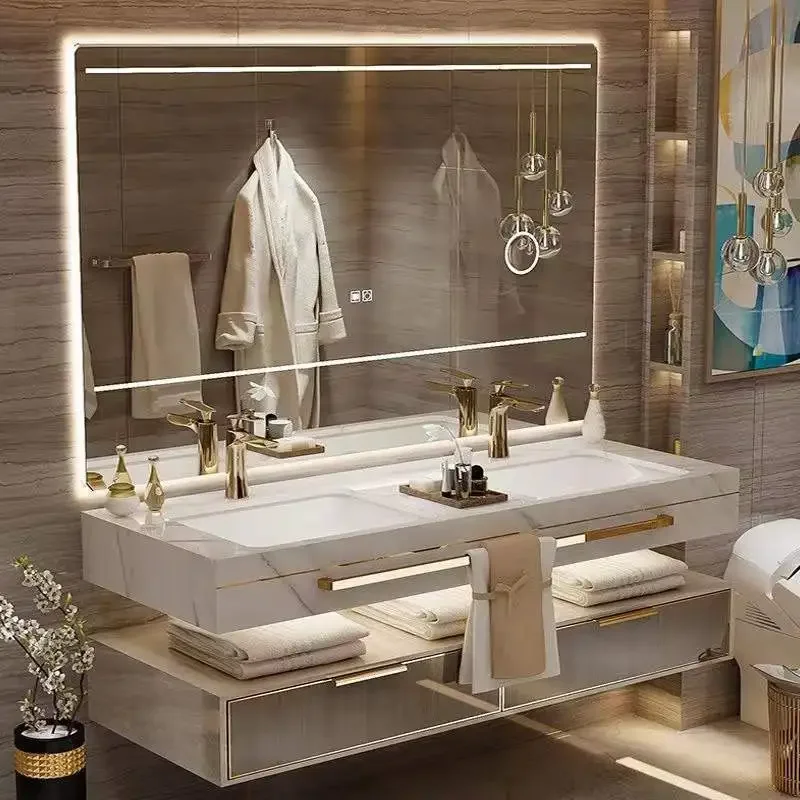 Luxury Wall Mounted Bathroom Vanity with Ceramic Sink Large Mirror Solid Wood Drawers Floating Bathroom Vanity Cabinet Furniture