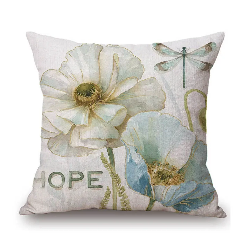 Vintage Green Flower Art Faith Love Hope Doctrine Home Decoration Elegant Floral Cotton Linen Pillow Case Sofa Cushion Cover