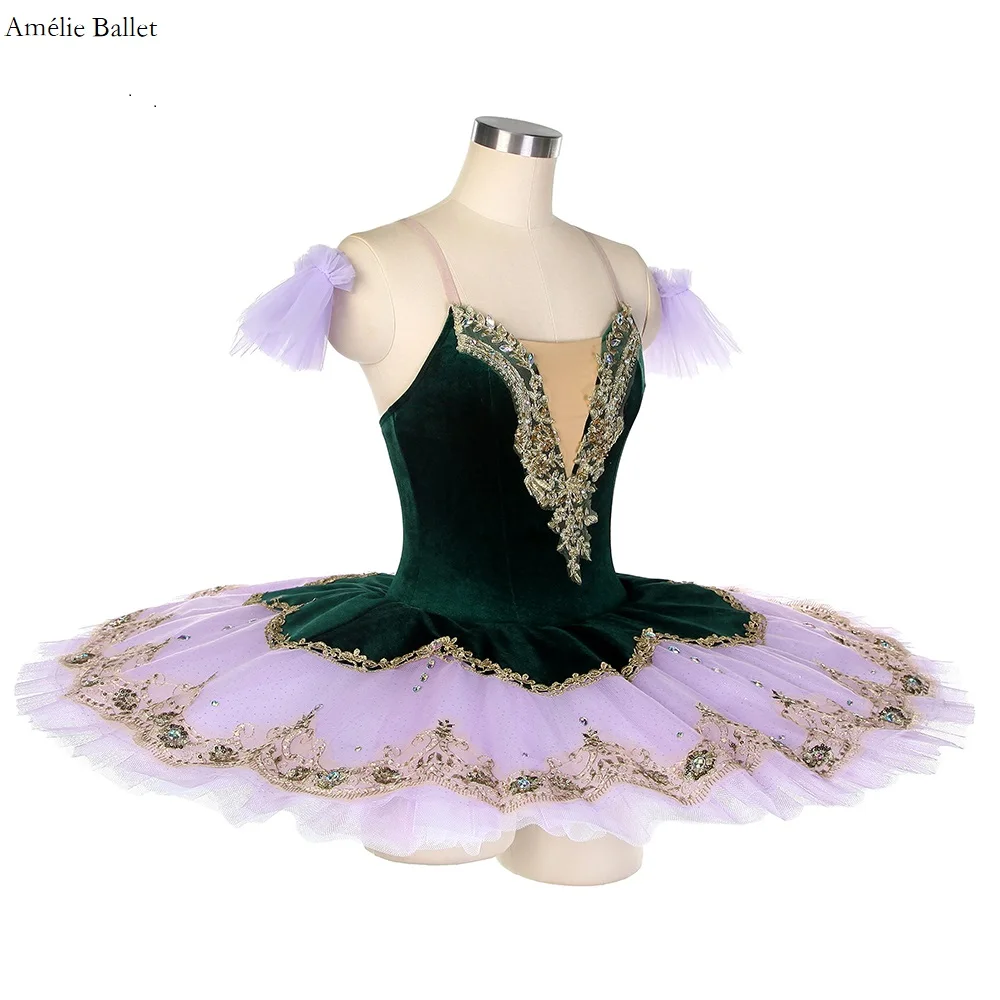 BLL499-Tutu de ballet pré-professionnel pour filles et femmes, corsage en velours vert, olympiques de performance sur scène, jupe en tulle violet