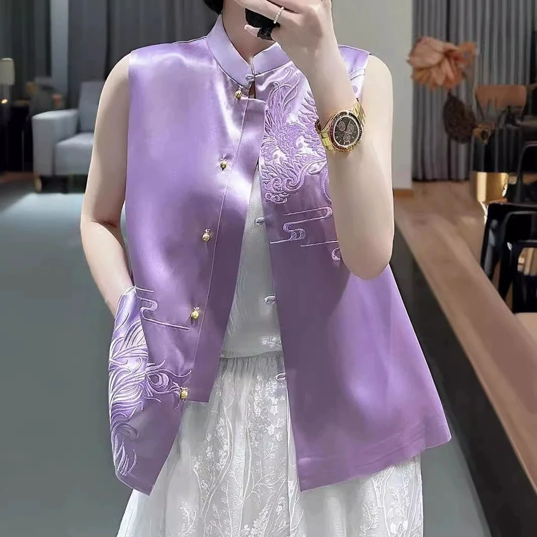 

2025New Women's Purple Phoenix Embroidery Vest Chinese Style Stand Collar Beaded Button Sleeveless Waistcoat Spring Chic Top Y2K