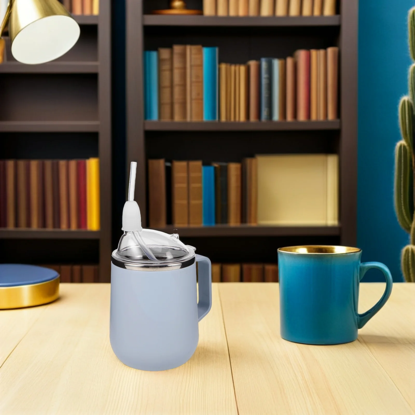 

450Ml Nursing Straw Cup Stainless Steel Spill-Proof Drinking Bottle For Bedridden Elderly Liquid Diet Feeding Sippy Cup Sky-Blue