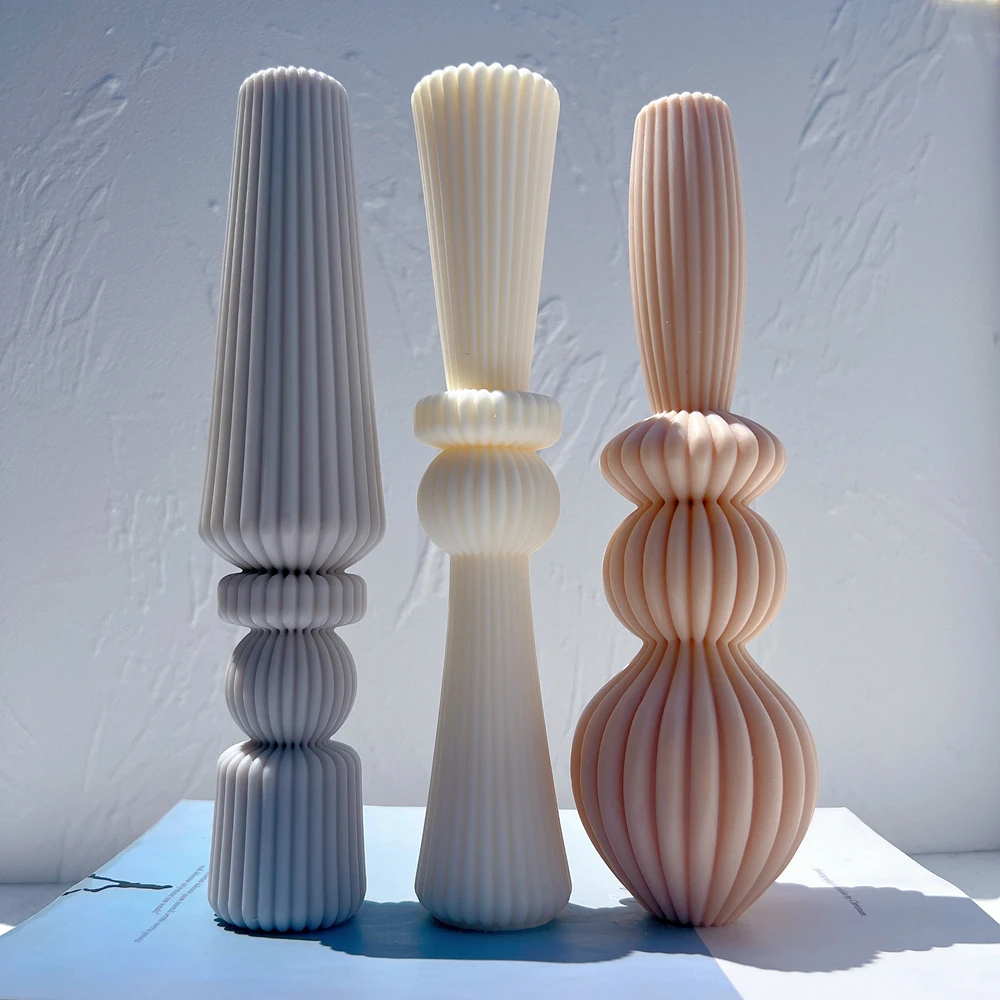 

3 Designs Geometric Abstract Decorative Striped Tall Soy Wax Mold Irregular Pillar Candle Mold Roman Cylindrical Silicone Mould