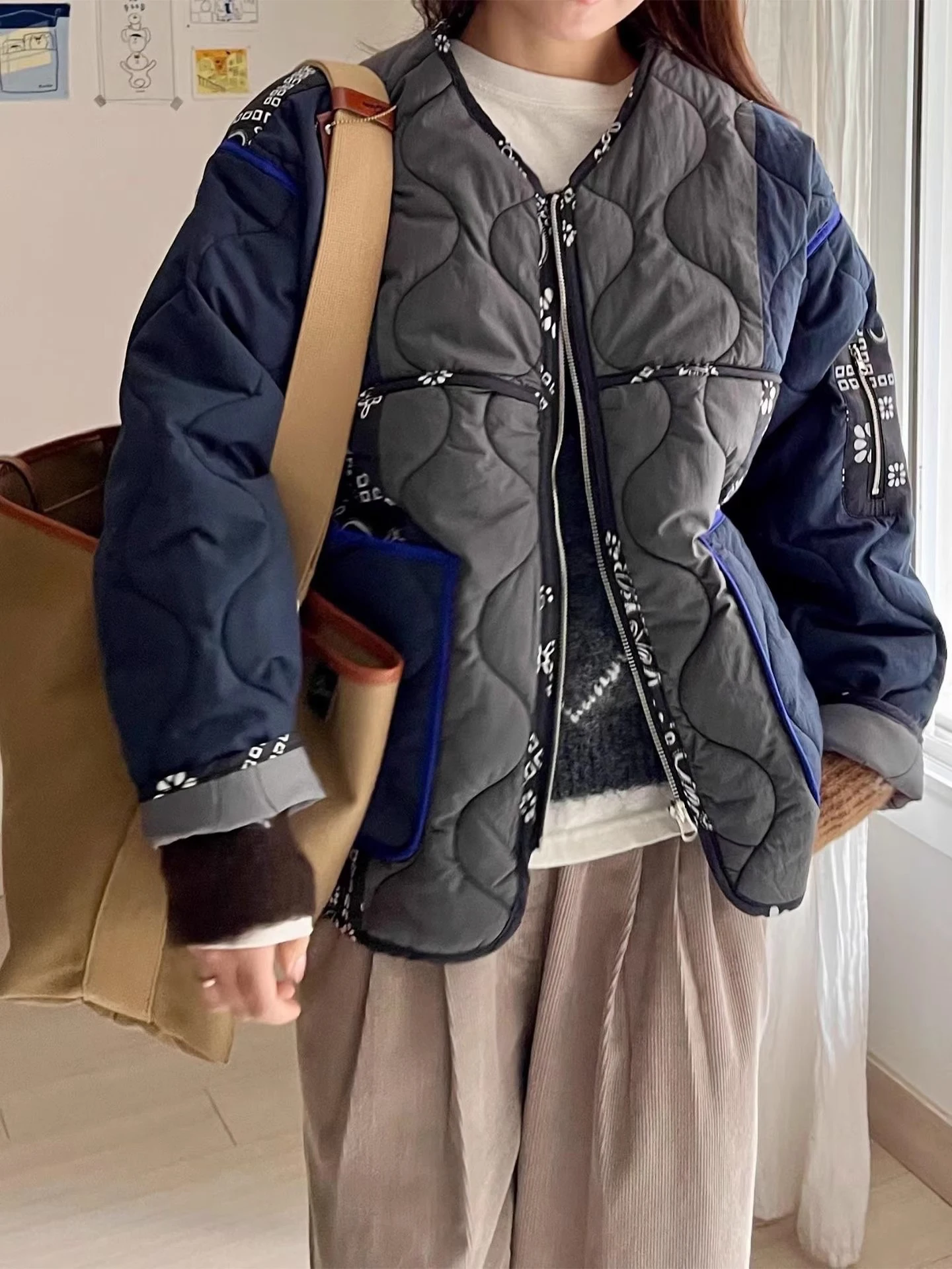 

Ele Floral Embroidery Wave Pattern Cotton Jaet Women's Winter Vintage Color Blo Versatile Warm Cotton Coat