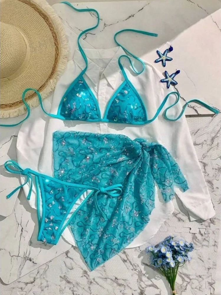 

Blue Sequin Bikini Set Strapless Neck Hanging Beach Vacation Sexy Three-piece Swimsuit Casual Surfing Suit with Chest Pad