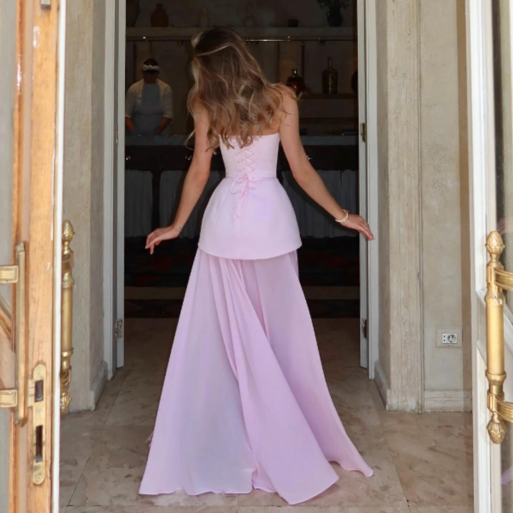 Abito da sera semplice in chiffon rosa personalizzato Abiti da festa senza maniche con scollo a cuore formale Delicato abito da ballo dritto con strascico