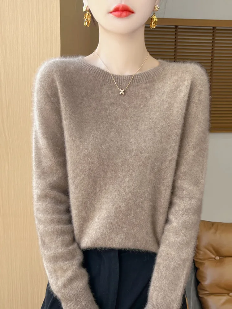 Soft Lazy Style round Neck Pure Wool Knitted Sweater Women's Autumn Winter Oversize Versatile Base Shirt One Line Ready-to-wear