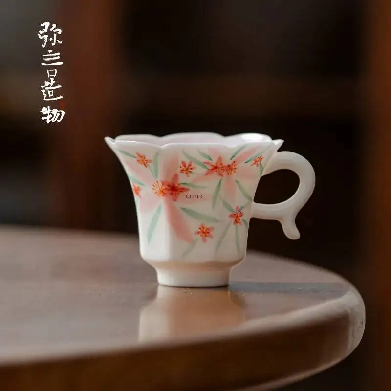 Non-hot Handle Tea Cup Hand-painted Tea Tasting Cup, Handmade Ceramic Flower-rimmed Master Cup Чайная чашка