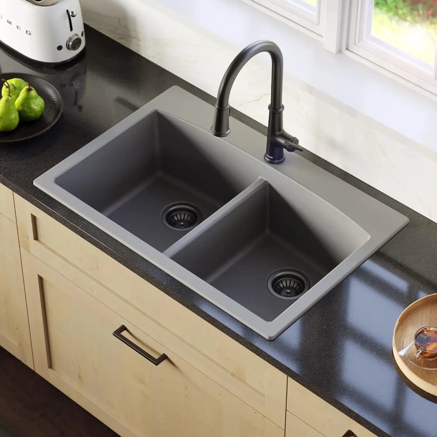 

710 33 Inch Top Mount Double Bowl Kitchen Sink, 50/50 Low Divide Quartz Composite Drop-In Sink, Rear Drain, Heat, Customized
