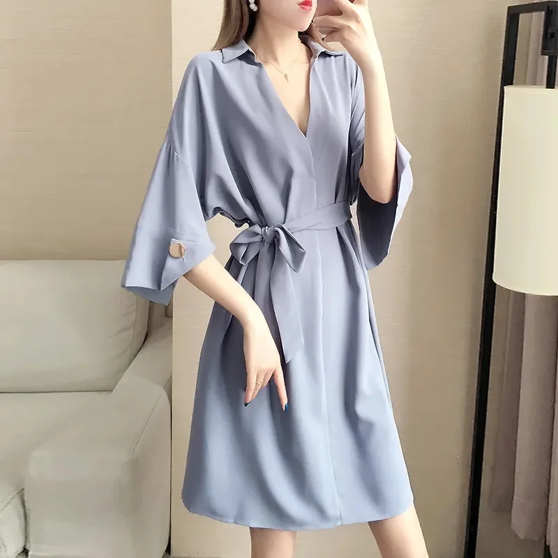 Women's 2024 Summer New Korean Edition Loose Fat mm Waist Covering Belly Western Blouse Dress V-neck Solid Color Commuting S8889