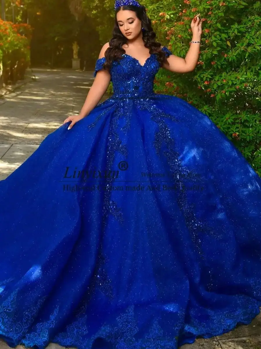 Ball Gown Lace Applique Sequins Quinceanera Dress Sparkly Beaded Birthday Sweet 16 Off Shoulder Birthday Vestidos De 15 Años