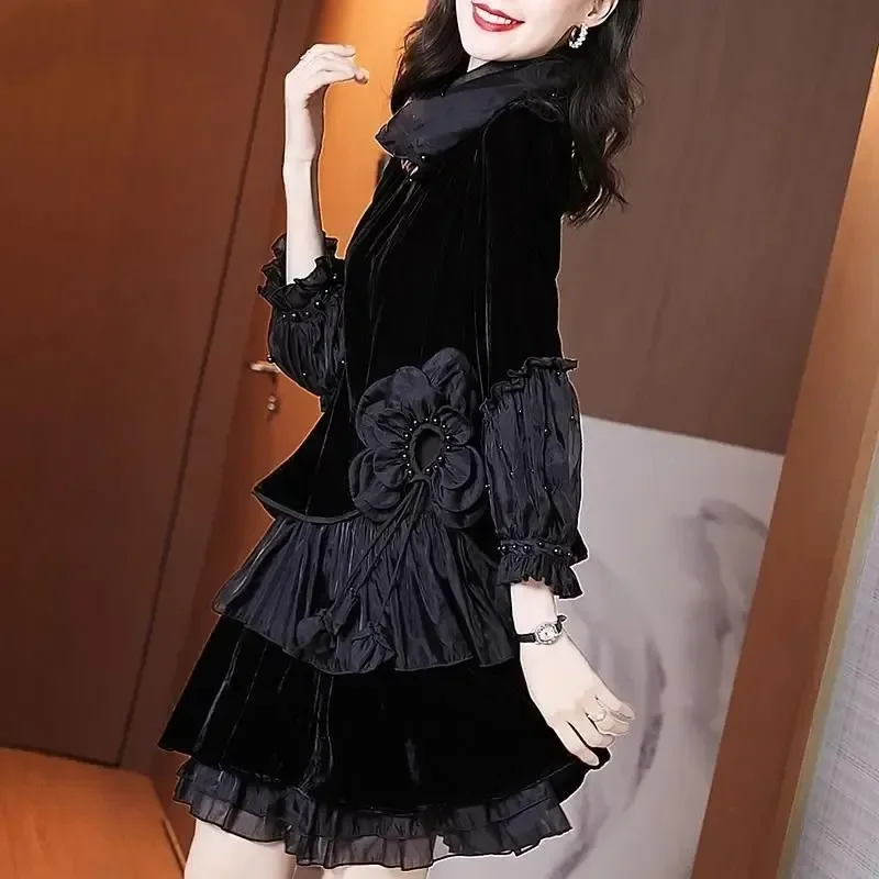 Elegant Women Spring Autumn Black Dresses Nail Bead Decoration Chinese Style Dress New Fashion Warm High Collar Mesh Lace Dress