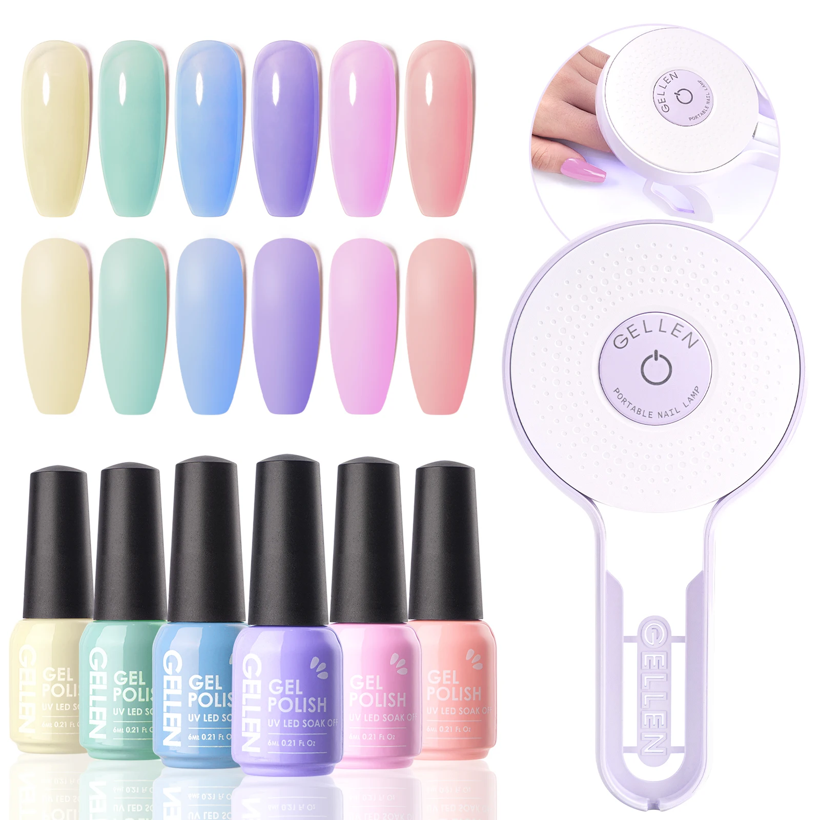 Gel Nail Polish 6 Colors Kit Cute Nails Press Ons Portable UV Lamp DIY Nail Art Supplies Spring Summer Trendy Manicure
