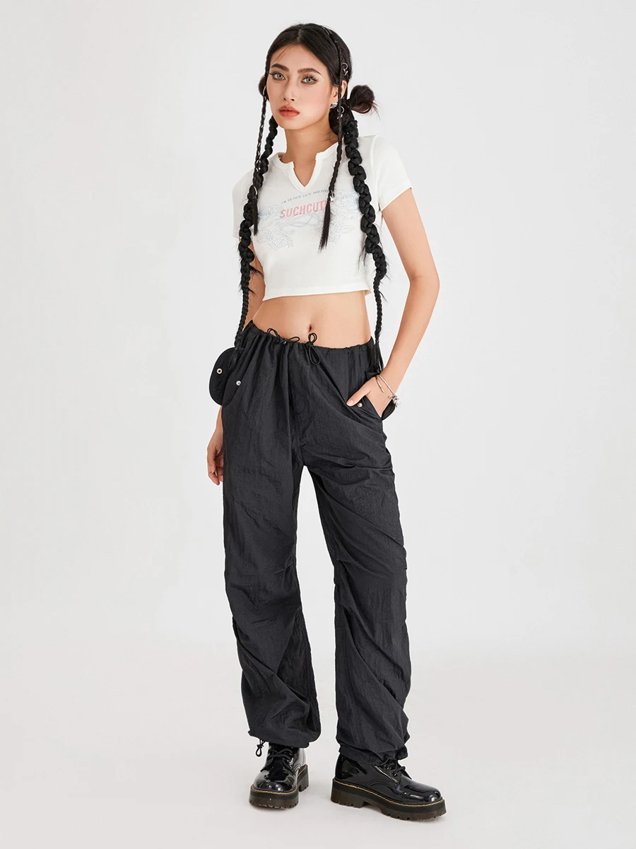 wsevypo Women's Baggy Cargo Pants Street Style Solid Color Mid Waist Parachute Pants Sporty Drawstring Joggers Long Sweatpants