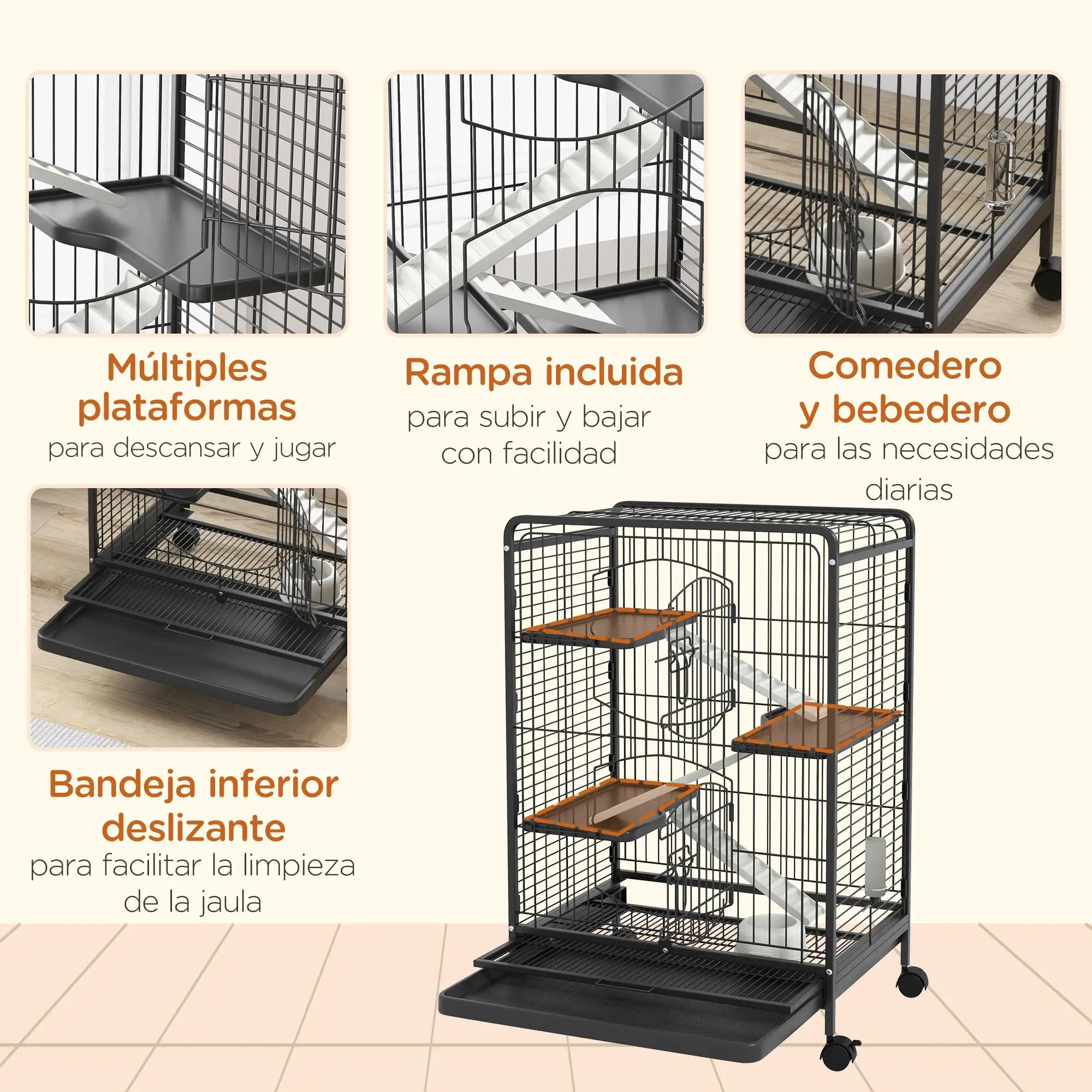 Cage à rongeurs à 3 étages avec 4 roues, cage en métal 61,5x44x95cm avec 2 portes, plateformes, rampes et station d'alimentation, noire