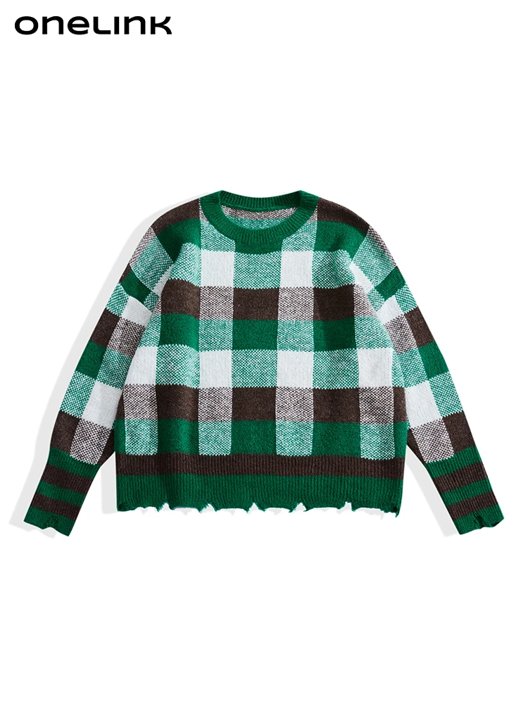 ONELINK Plus Size Women Autumn Winter Pullover Sweater Round Neck Row Hem Green White Black Plaid Oversize Knitwear Clothing