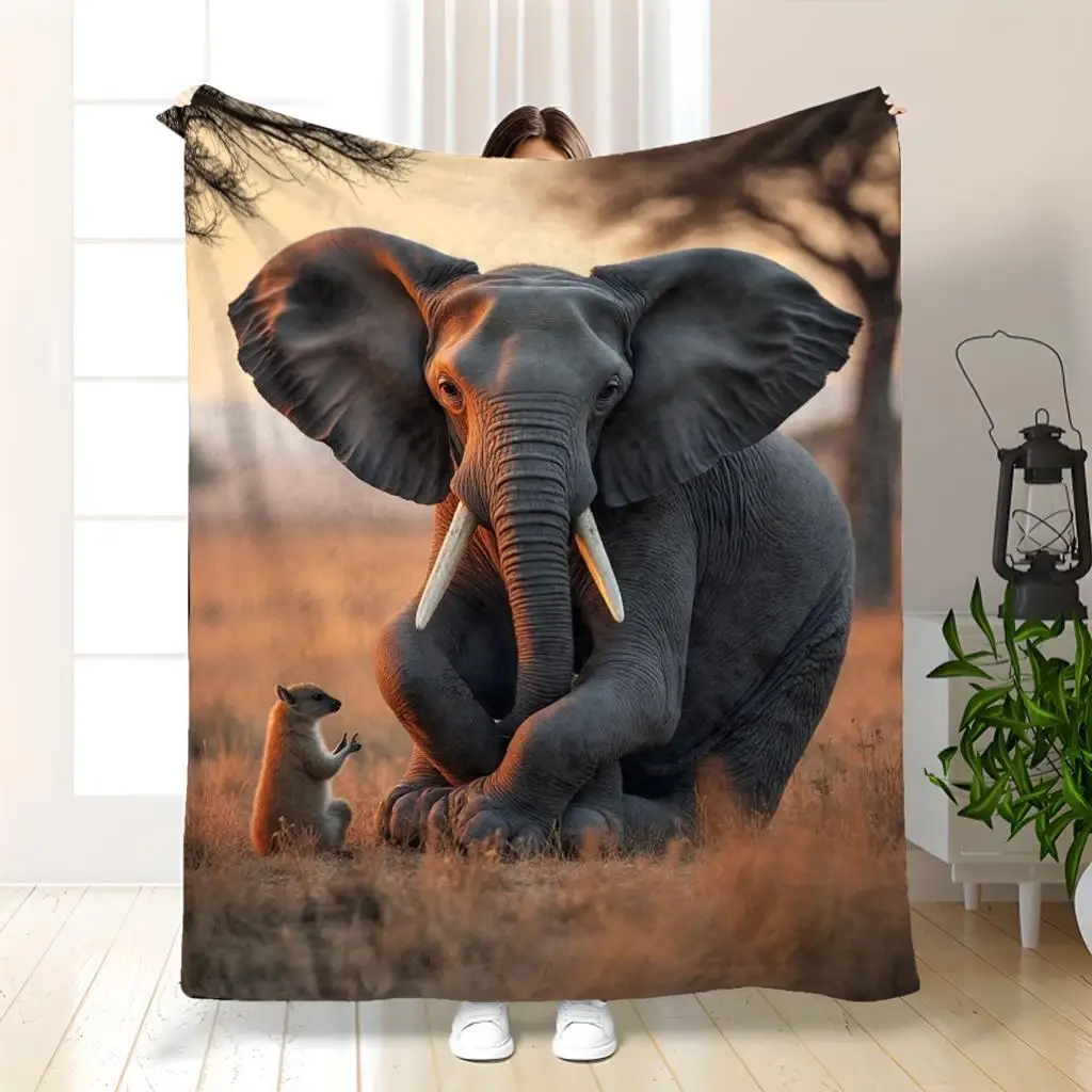 Realistic African Elephant And Meerkat Print Flannel Blanket Soft Lightweight Throw for Sofa Bed Couch All Season Cozy Blanket