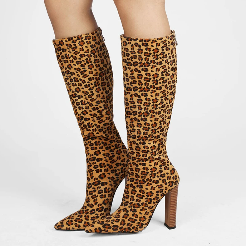 2024 Winter New Fashion Suede Leopard Print Knee Knight Boots for Women Europe and America Sexy High Heels Big Size Shoes 43 45