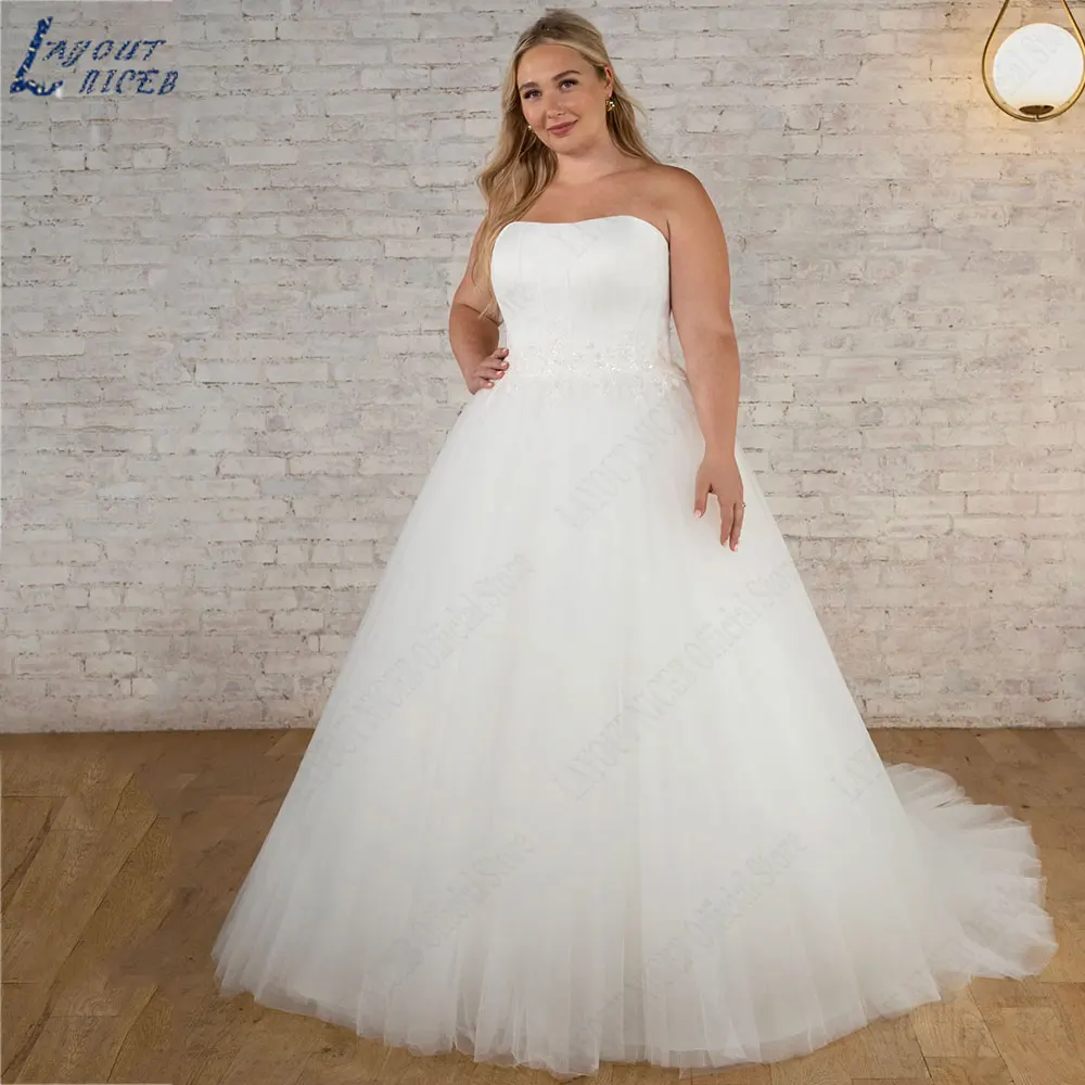 Vestido de novia sin tirantes con apliques NICEB, traje de talla grande, sin mangas, Espalda descubierta, corte en A, tul, 2024Vestido de novia sin tirantes con apliques NICEB, traje de talla grande, sin mangas, Espald