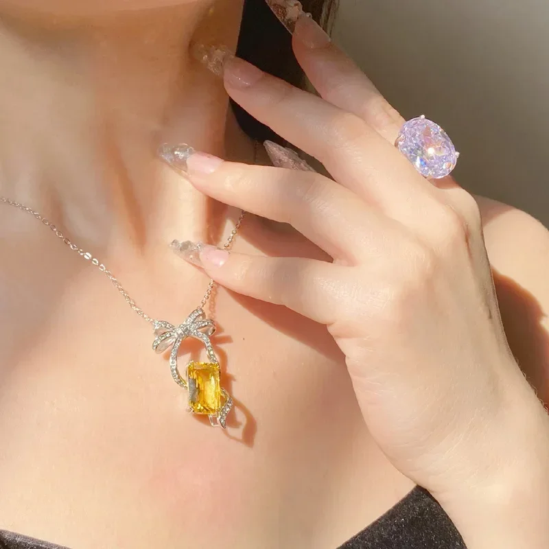 

MDL Moissa!ite style fairy high jewelry design bow earrings full of diamonds square gold yellow diamond pendant