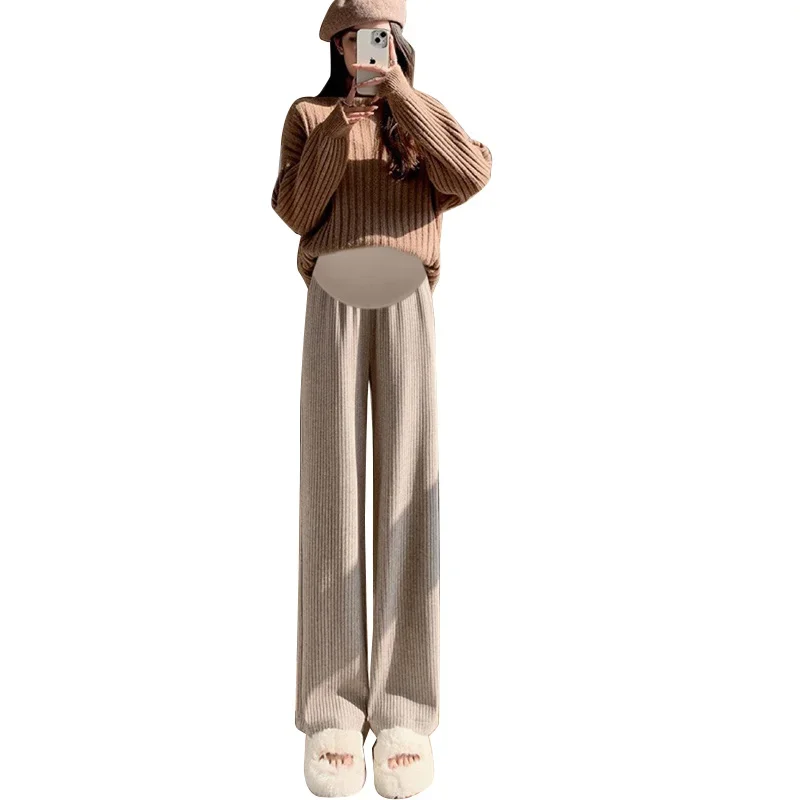 Pregnant Women Pants Knitted Wide Leg Trousers Pring Plush Thickened New Straight Tube Drape Casual Maternity Clothes