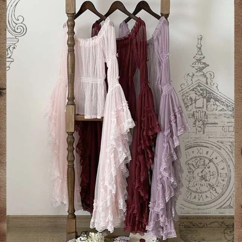 Victorian Vintage Elegant Lolita Shirts Women Japanese Sweet Lace Ruffles Slash Neck Long Sleeves Blouses Kawaii Imesh Nside Top