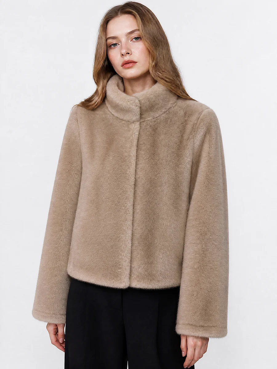 2026 Autumn Winter Women Faux Fur Jacket High Stand Collar Hidden Snap Closure Fluffy Short Coat Camel