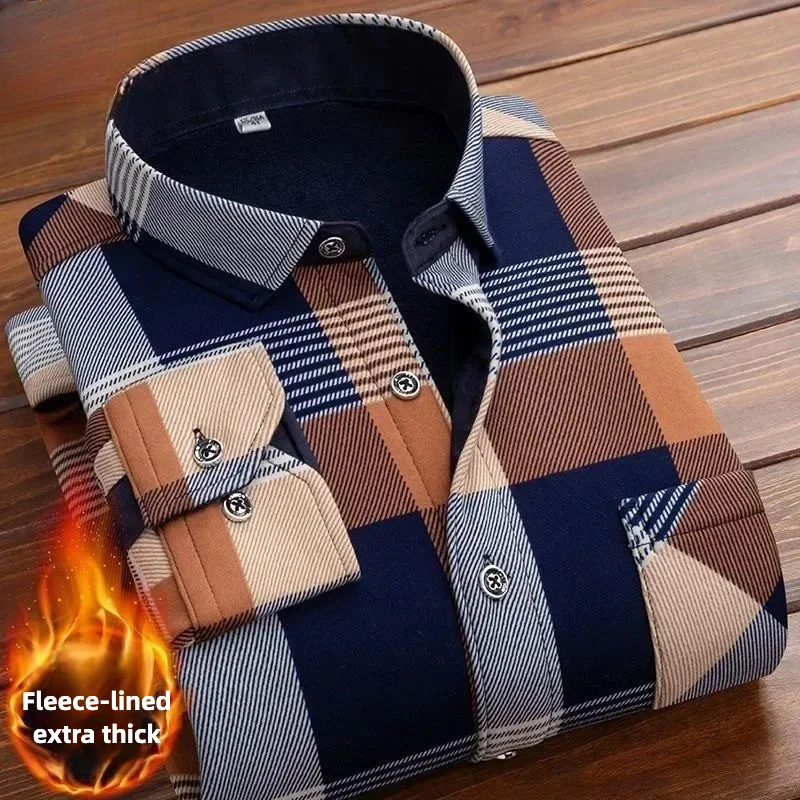 2025 Camisas a cuadros de manga larga cálidas de invierno para hombre, camisas formales gruesas con forro de piel de franela, camisa informal de lana para hombre, camisas de vestir