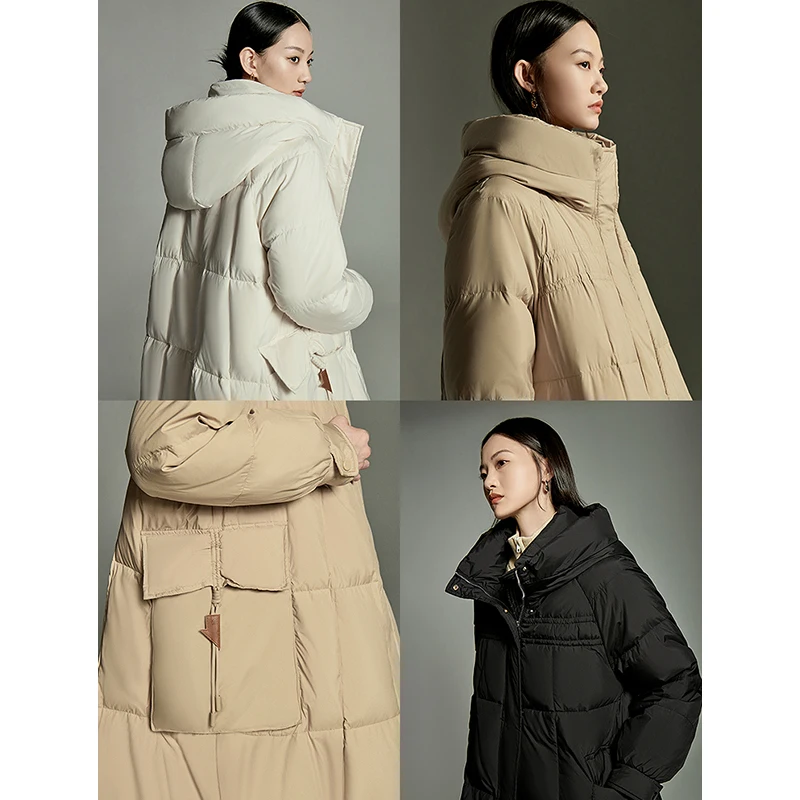 Toyouth Women Long Down Jacket 2023 Winter Stand Collar Thick Hooded Coat Large Pocket Fashion Khaki Black White Overcoat