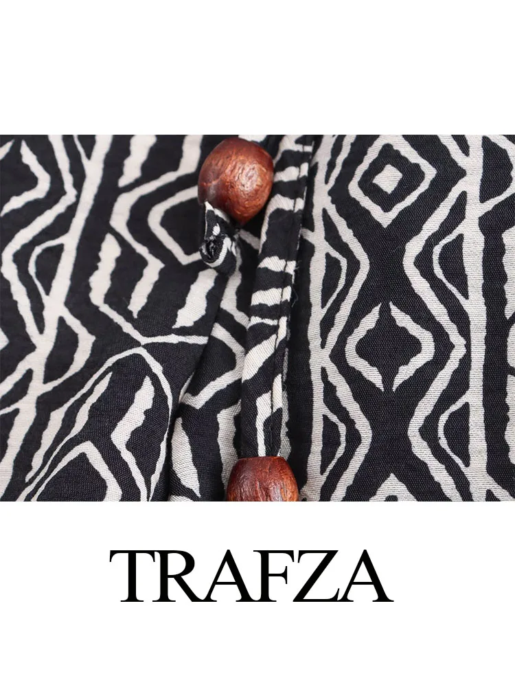 TRAFZA-Pantalones elegantes estampados para Mujer, pantalón de pierna con cintura elástica ancha decorada y bolsillos laterales, con cordones, para verano