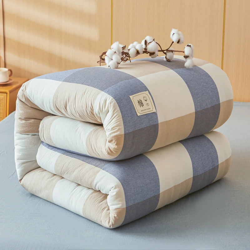 Autumn Winter Plaid Striped Quilt 100% Cotton Shell and Filling Comforter Thicken Warm Quilts Skin-friendly Soft Blanket Bedding
