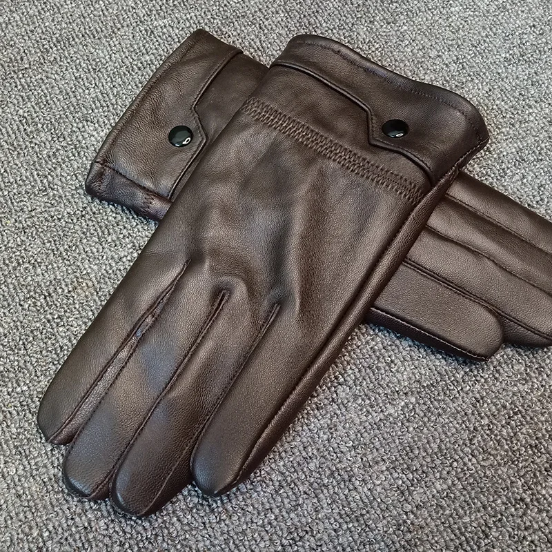 Men's Real Genuine sheepskin Leather Gloves Black Gloves Touch Screen Button Fashion Brand Winter warm leather gloves